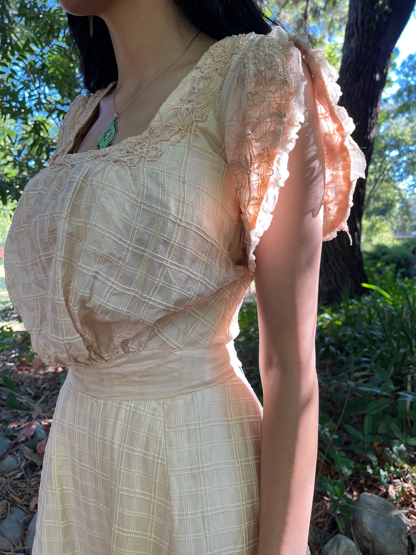 1930s/40s Peachy Silk Floral Appliqué Party Dress