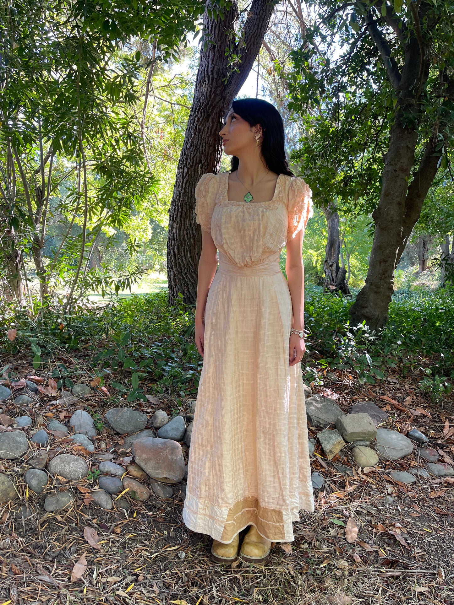 1930s/40s Peachy Silk Floral Appliqué Party Dress