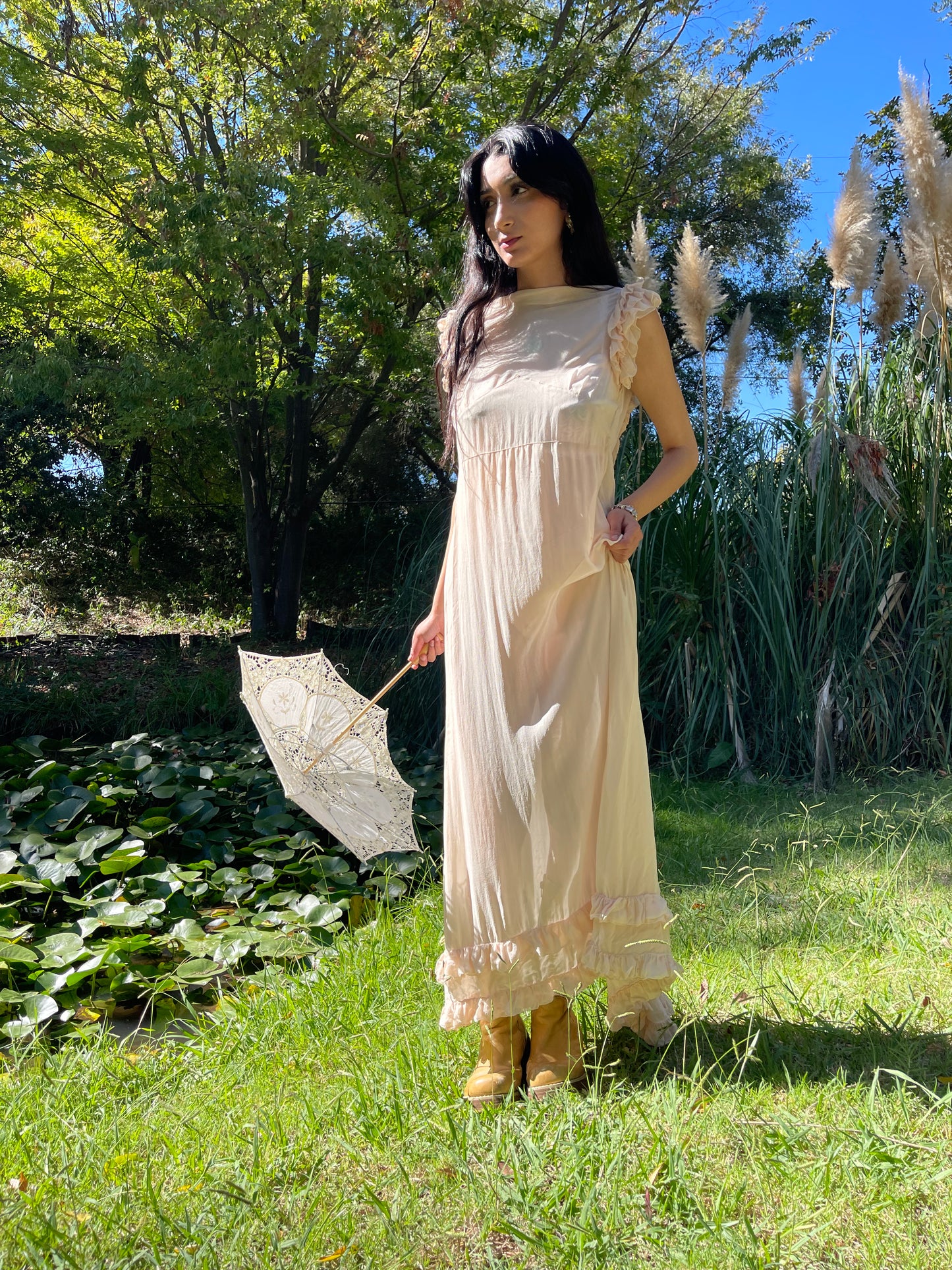1920s Silk Pink Ruffle Party Dress