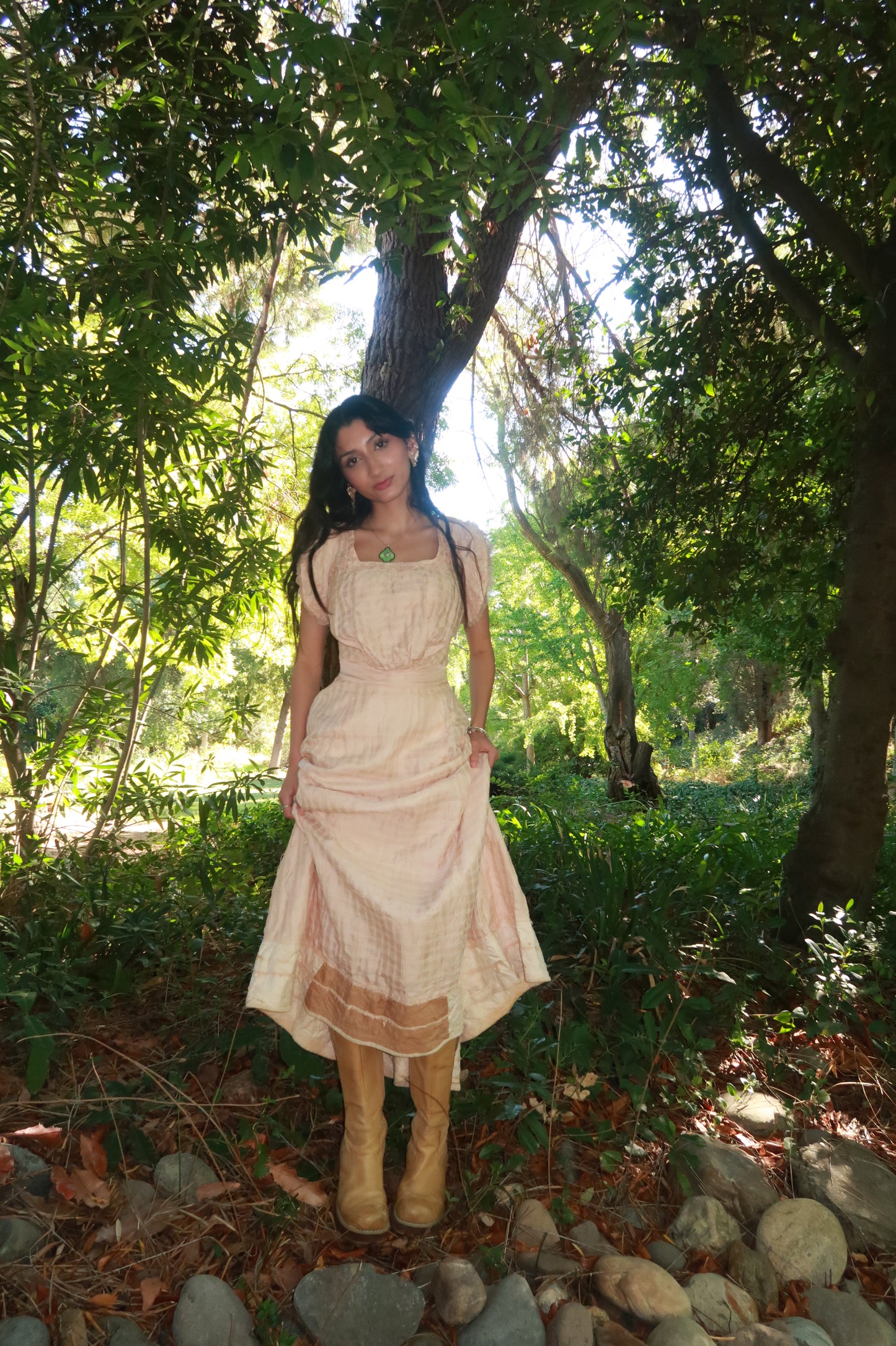 1930s/40s Peachy Silk Floral Appliqué Party Dress