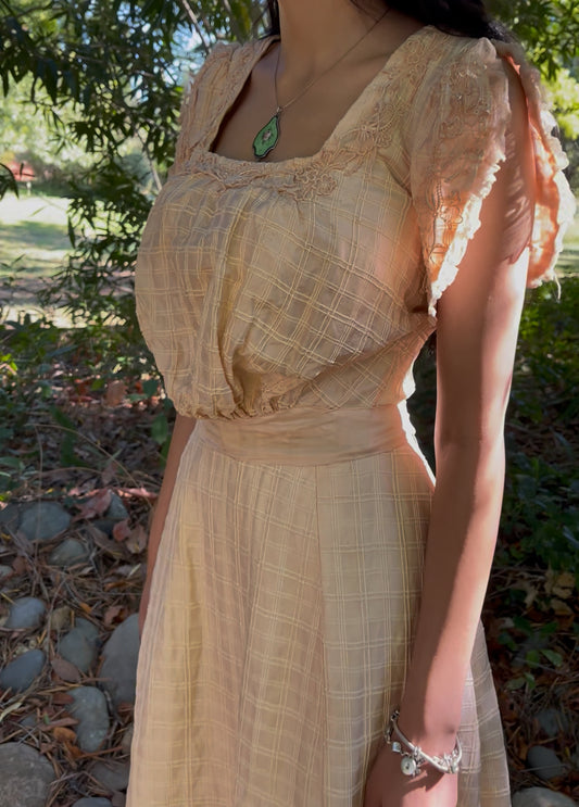 1930s/40s Peachy Silk Floral Appliqué Party Dress